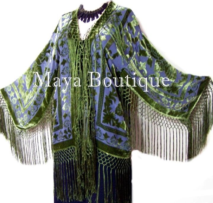 Fringe Jacket Short Kimono Olive & Gray Silk Burnout Velvet Maya Matazaro
