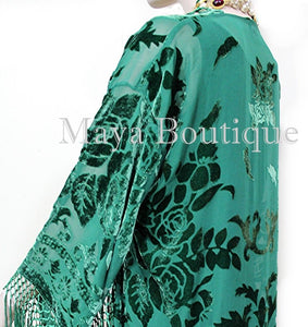 Emerald Green Kimono Long Fringe Jacket Burnout Velvet Maya Matazaro