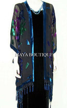 Caftan Kimono Duster Beaded Silk Burnout Velvet Tye Dye Blue Multi Maya Matazaro
