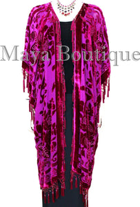 Maya Matazaro Fuchsia Beaded Silk Burnout Velvet Kimono Opera Coat Fringe Jacket