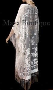 Ivory Kaftan Duster Fringe Jacket Kimono Opera Coat Burnout Velvet Maya Matazaro