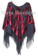 Maya Hand Dyed Layered Poncho Top Red Black Burnout Velvet & Chiffon Made In USA