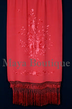 Red Embroidered Silk Wrap Shawl Scarf Oblong with Fringes Maya Matazaro