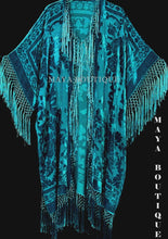 Turquoise Silk Burnout Velvet Fringe Jacket Kimono Duster Maya Wearable Art Plus