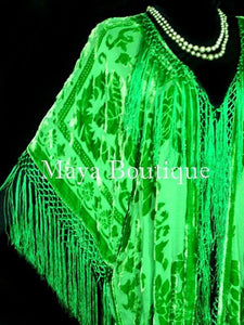 Apple Green  Kimono Duster Fringe Jacket Silk Burnout Velvet Maya Matazaro Plus