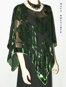 Silk Burnout Velvet Poncho Kimono Top Emerald & Black No Fringe Maya Matazaro