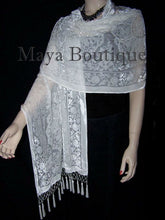 Silk Shawl Wrap Scarf Burnout Velvet Beaded Oblong IVORY Medalion Maya Matazaro