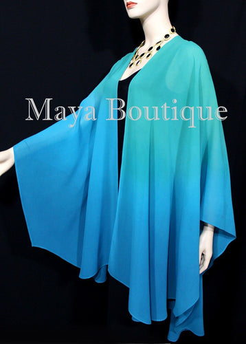 Hand Dyed Maya Matazaro Silk Chiffon Cape Ruana Caftan Wrap Aqua Blue Ombre