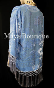 Maya Matazaro Serenity Blue Kimono Silk Burnout Velvet Fringe Jacket Short