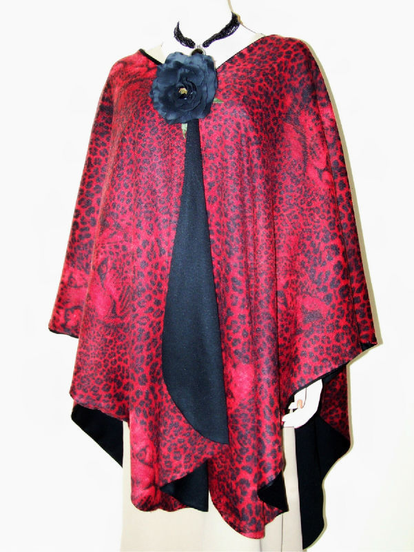Reversible Wool Cashmere & Angora Leopard Ruana Cape Wrap Red & Black USA Made