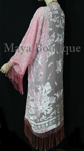 Baby Pink Fringes Jacket Kimono Long Coat Silk Burnout Velvet Maya Matazaro