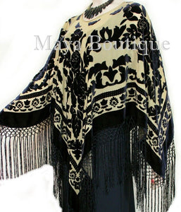Poncho Kimono Fringe Top Shawl Beige & Black Silk Burnout Velvet Maya Matazaro