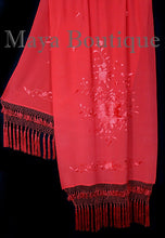 Red Embroidered Silk Wrap Shawl Scarf Oblong with Fringes Maya Matazaro