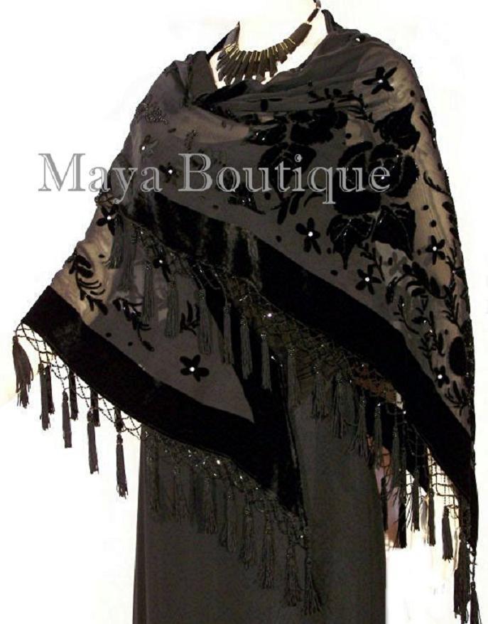 Beaded Black Triangle Shawl Wrap Opera Scarf Silk Burnout Velvet