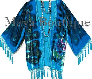 Silk Velvet Jacket Kimono Short Beaded Peacock Turquoise Maya Jacket