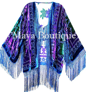 Tye Dye Teal Multi Short Fringe Jacket Kimono Silk Burnout Velvet Maya Matazaro