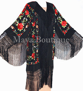 Embroidered Silk Opera Coat Kimono Flamenco Jacket Red Roses Black Maya Matazaro