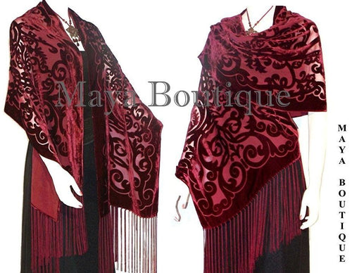 Maya Matazaro Shawl Wrap Scarf Burnout Velvet Art Nouveau Deep Red Fringed