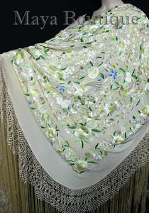 Flamenco Embroidered Silk Piano Shawl Wrap Pastels Flower Birds Greens 90" Maya