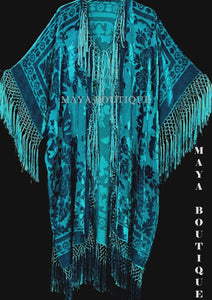 Kimono Duster Fringe Jacket Silk Burnout Velvet Drk Turquoise Maya Matazaro Plus