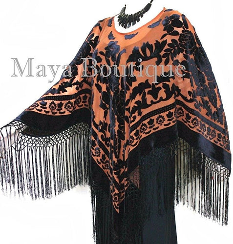 Tangerine Black Silk Burnout Velvet Poncho Kimono Top Shawl Maya Matazaro