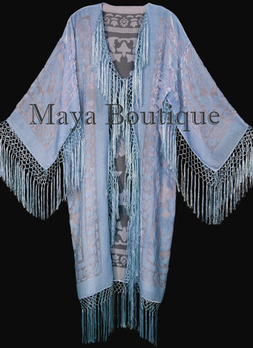 Serenity Blue Silk Burnout Velvet Fringes Jacket Kimono Long Coat Maya Matazaro
