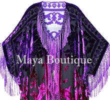 Violet Fuchsia Kimono Caftan Fringe Jacket Silk Burnout Velvet Hand Dyed Maya