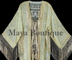 Vanilla Silk Burnout Velvet Fringes Jacket Kimono Long Coat Maya Matazaro