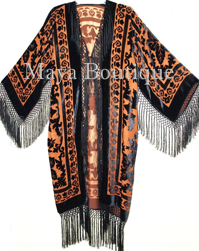 Orange & Black Silk Burnout Velvet Fringes Jacket Kimono Coat Long Maya Matazaro