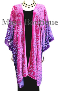 Pink Purple Camellia Burnout Velvet Caftan Kimono Duster Hand Dyed Maya Matazaro