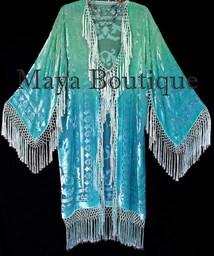 Jade Turquoise Burnout Velvet Kimono Jacket Hand Dyed Maya Matazaro Made in USA