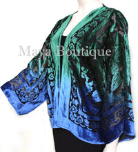 Green Blue Burnout Velvet Jacket Short Kimono No Fringe Hand Dyed Maya Matazaro