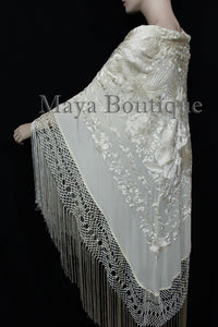Ivory Flamenco Embroidered Silk Piano Shawl Wrap Flowers & Birds 88" Maya