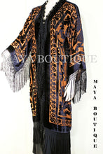 Orange & Black Silk Burnout Velvet Fringes Jacket Kimono Coat Long Maya Matazaro
