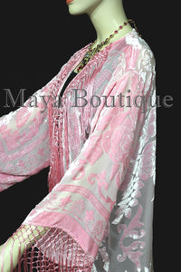 Baby Pink Fringes Jacket Kimono Long Coat Silk Burnout Velvet Maya Matazaro