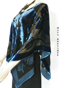 Silk Burnout Velvet Poncho Kimono Top Sapphire & Black No Fringe Maya Matazaro