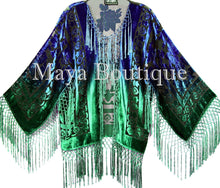 Maya Matazaro Art to Wear Burnout Velvet Kimono Jacket Hand Dyed Green Blue