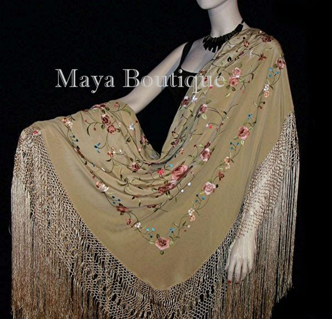 Flamenco Embroidered Silk Piano Shawl Wrap Wheat Floral 84