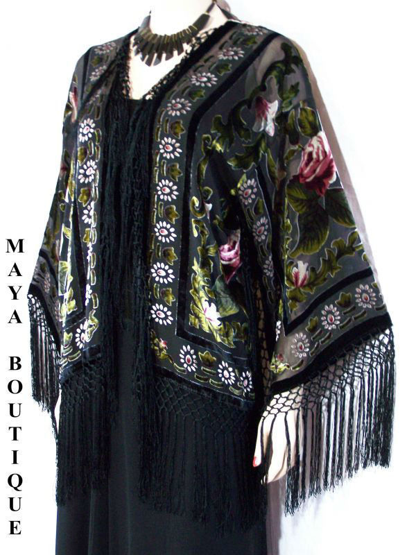 Fringe Jacket Bolero Silk Burnout Velvet Black Multi