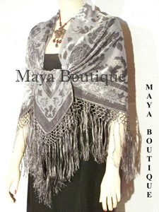 Piano Shawl Wrap Scarf Silk Burnout Velvet Silver Gray Maya Matazaro