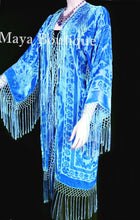 Sky Blue Silk Burnout Velvet Fringes Jacket Kimono Long Coat Maya Matazaro USA
