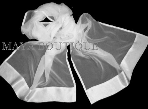 White Chiffon Silk Scarf Wrap Sash Satin Border Maya Matazaro & Gift Box