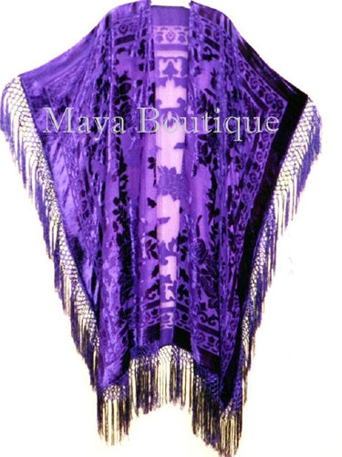 Purple Caftan Duster Fringe Jacket Kimono Opera Coat Burnout Velvet Maya Plus