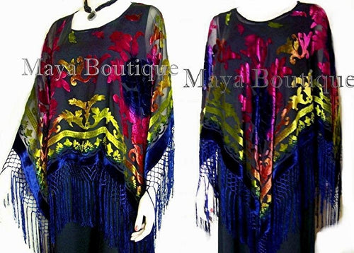 Tye Dye Poncho Shawl Fringe Top Burnout Velvet Blue Pink Multi Maya Matazaro