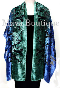 Hand Dyed Maya Matazaro Baroque Shawl Wrap Scarf Burnout Velvet Green Blue Ombre