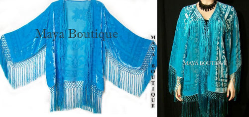 Silk Burnout Velvet Silk Short Fringe Jacket Light Turquoise NEW Hand Dyed