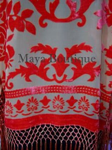 Orange Gold Burnout Velvet Silk Fringe Jacket kimono Long Coat Maya Matazaro