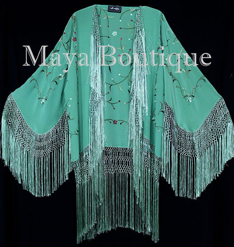 Embroidered Silk Fringe Jacket Kimono Tiffany Green Hand Dyed Maya Matazaro USA