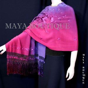 Embroidered Silk Wrap Shawl Scarf Hand Dyed Magenta Purple Maya Matazaro