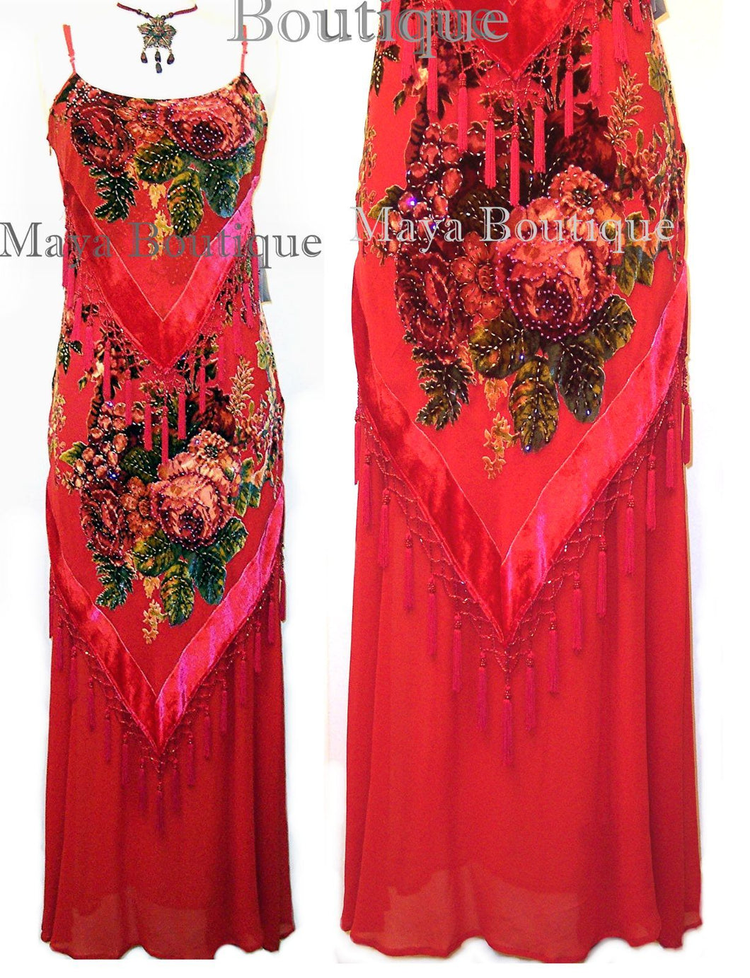 Dress Gown Red Silk Burnout Velvet Beaded Victorian Roses Maya Matazaro M